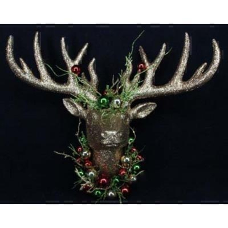 Add some Christmas sparkle to your wall with this gold glitter stag head. Adorned with red green and gold baubles and glitter twigs. Approx size (LxWxD) 37x43x20cm
